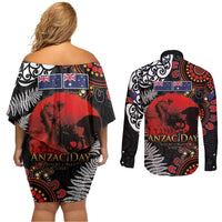 Australia and New Zealand ANZAC Day Couples Matching Off Shoulder Short Dress and Long Sleeve Button Shirt Aboriginal and Maori Art Pattern - Gallipoli Lest We Forget LT03 - Polynesian Pride