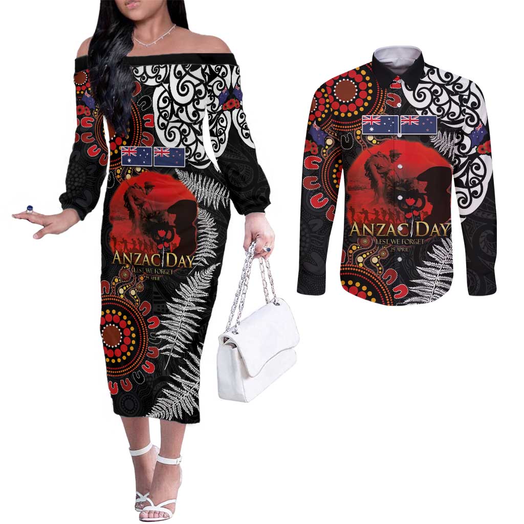 Australia and New Zealand ANZAC Day Couples Matching Off The Shoulder Long Sleeve Dress and Long Sleeve Button Shirt Aboriginal and Maori Art Pattern - Gallipoli Lest We Forget LT03 Black - Polynesian Pride