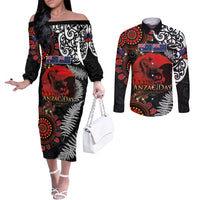 Australia and New Zealand ANZAC Day Couples Matching Off The Shoulder Long Sleeve Dress and Long Sleeve Button Shirt Aboriginal and Maori Art Pattern - Gallipoli Lest We Forget LT03 Black - Polynesian Pride