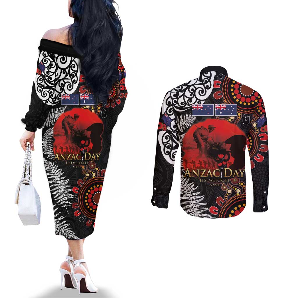 Australia and New Zealand ANZAC Day Couples Matching Off The Shoulder Long Sleeve Dress and Long Sleeve Button Shirt Aboriginal and Maori Art Pattern - Gallipoli Lest We Forget LT03 - Polynesian Pride