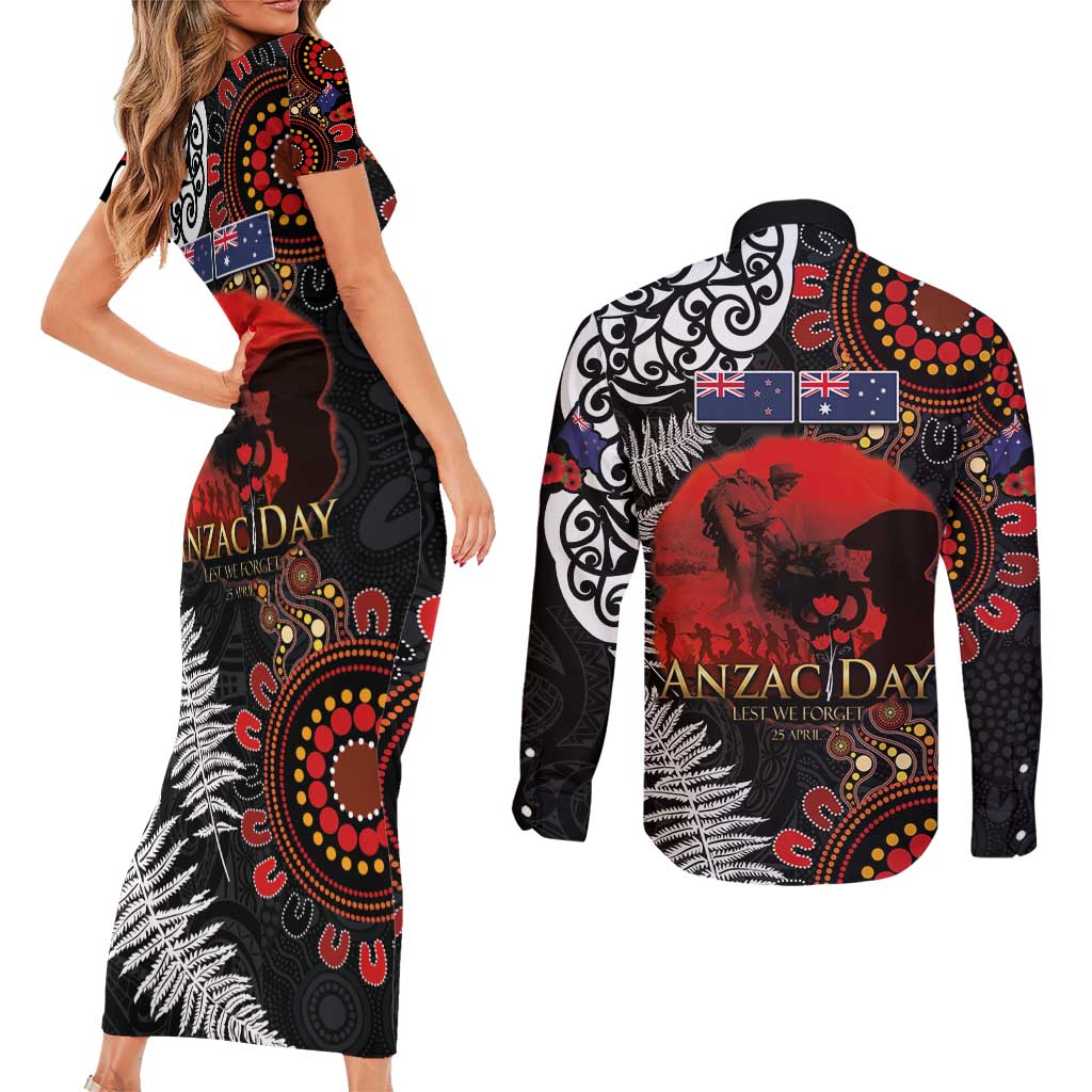 Australia and New Zealand ANZAC Day Couples Matching Short Sleeve Bodycon Dress and Long Sleeve Button Shirt Aboriginal and Maori Art Pattern - Gallipoli Lest We Forget LT03 - Polynesian Pride
