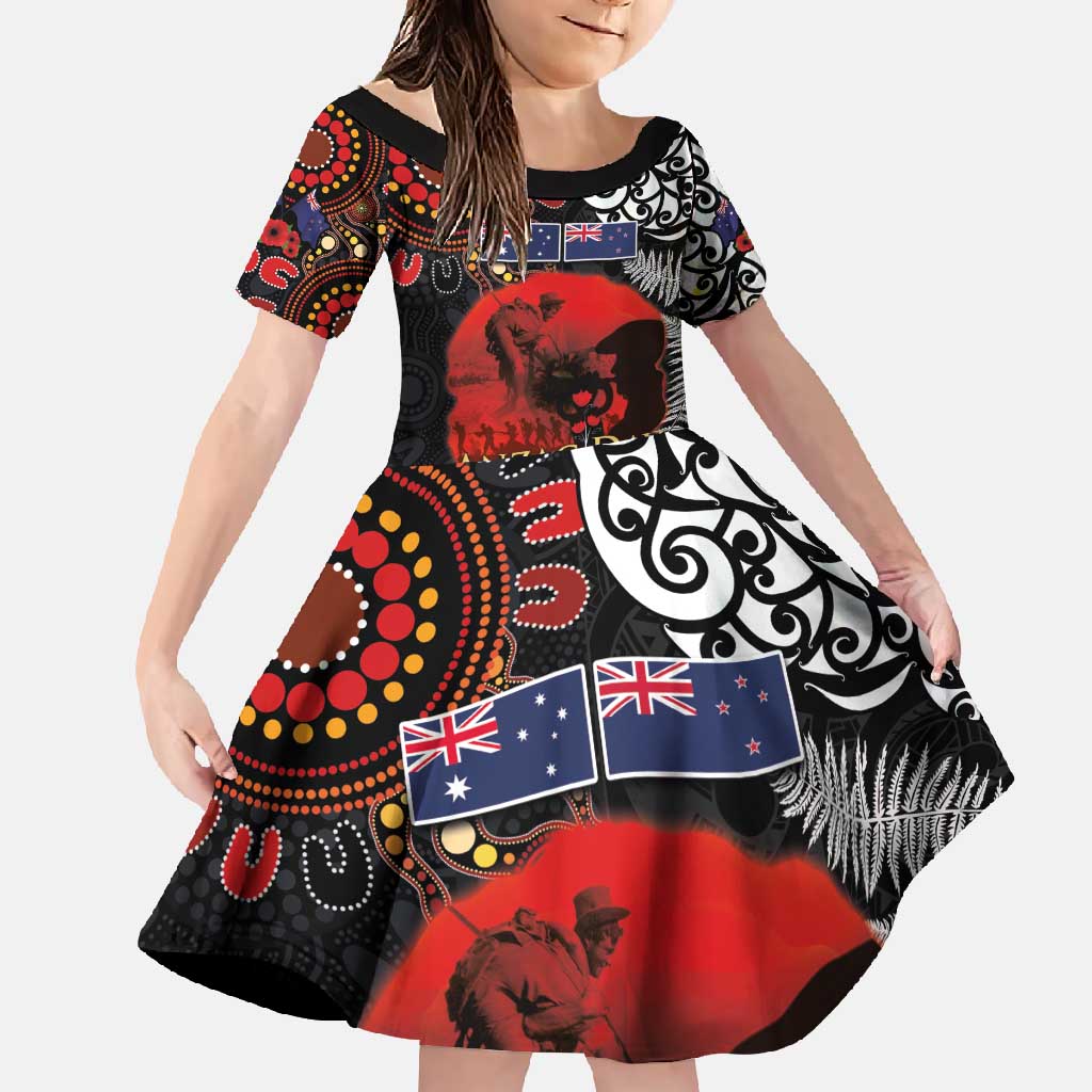 Australia and New Zealand ANZAC Day Family Matching Long Sleeve Bodycon Dress and Hawaiian Shirt Aboriginal and Maori Art Pattern - Gallipoli Lest We Forget LT03 Daughter's Dress Black - Polynesian Pride