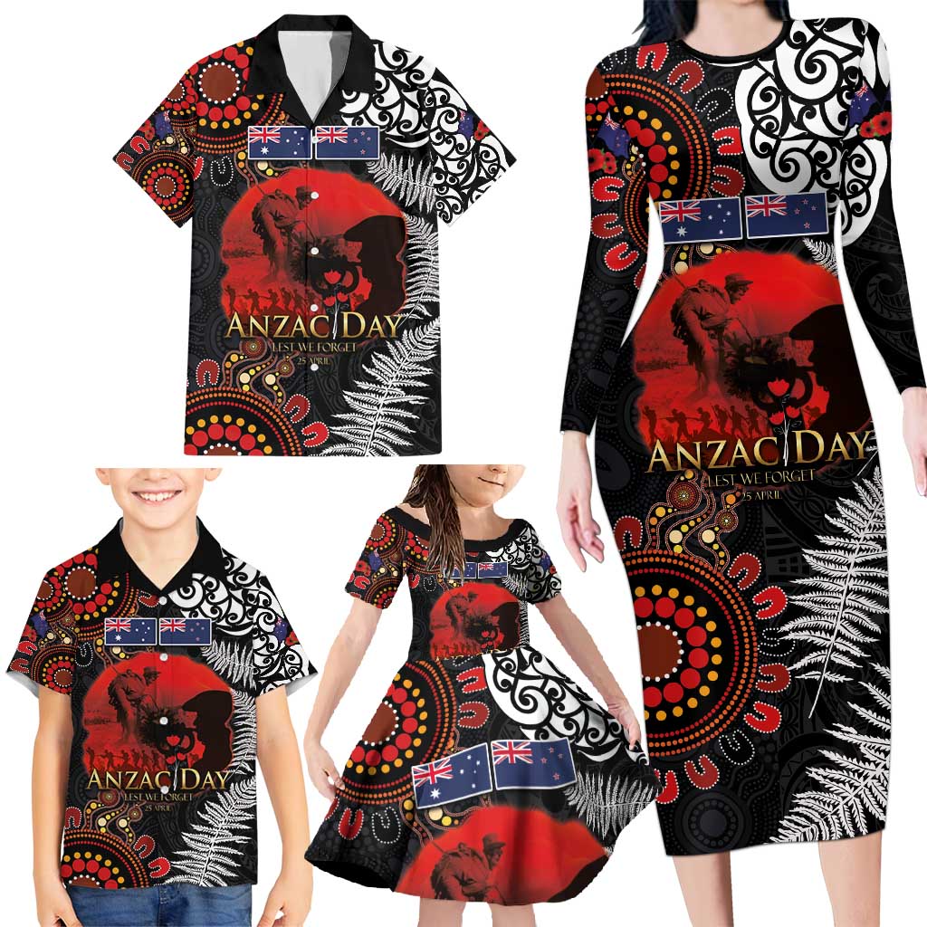 Australia and New Zealand ANZAC Day Family Matching Long Sleeve Bodycon Dress and Hawaiian Shirt Aboriginal and Maori Art Pattern - Gallipoli Lest We Forget LT03 - Polynesian Pride