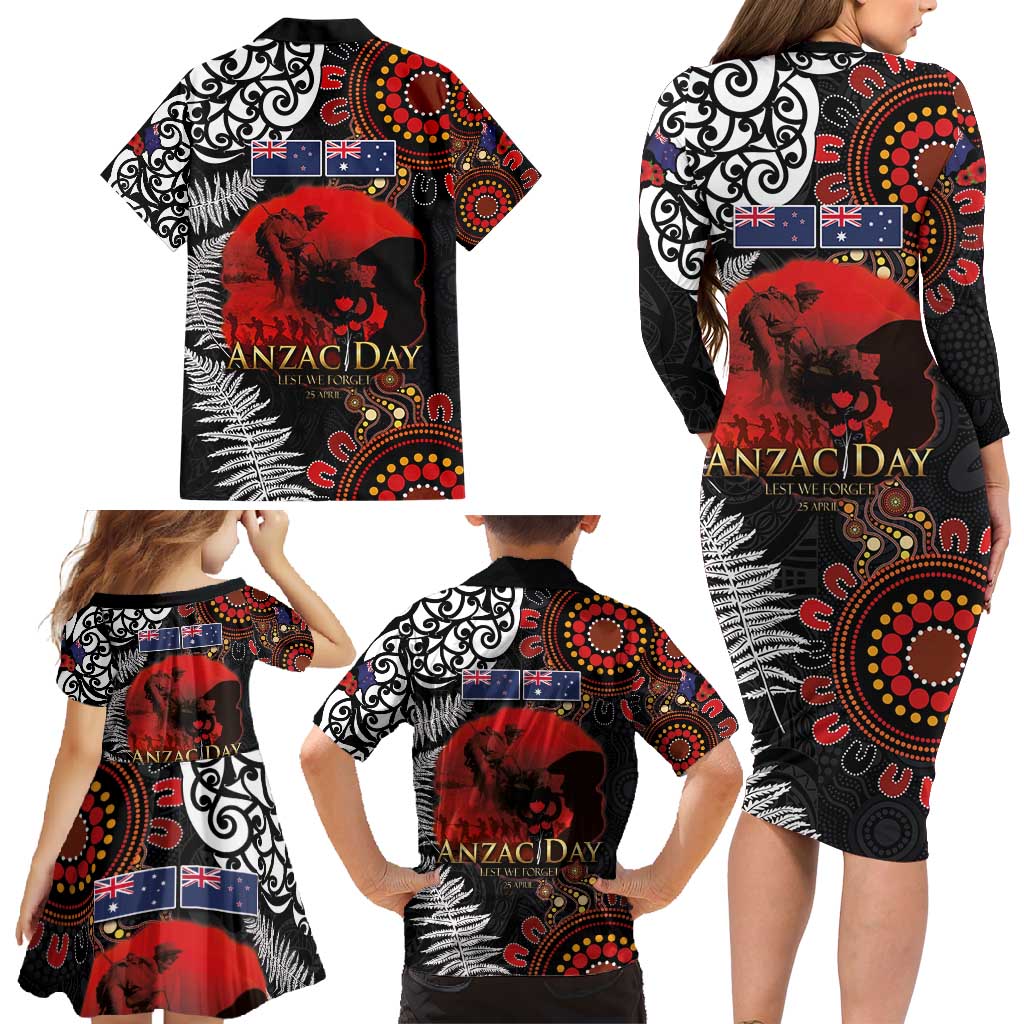 Australia and New Zealand ANZAC Day Family Matching Long Sleeve Bodycon Dress and Hawaiian Shirt Aboriginal and Maori Art Pattern - Gallipoli Lest We Forget LT03 - Polynesian Pride