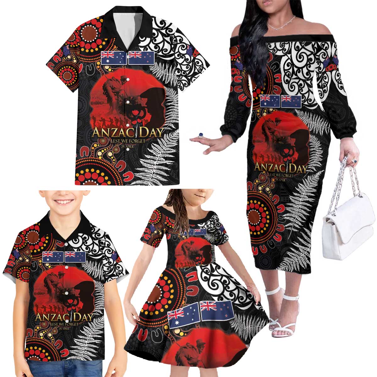 Australia and New Zealand ANZAC Day Family Matching Off The Shoulder Long Sleeve Dress and Hawaiian Shirt Aboriginal and Maori Art Pattern - Gallipoli Lest We Forget LT03 - Polynesian Pride