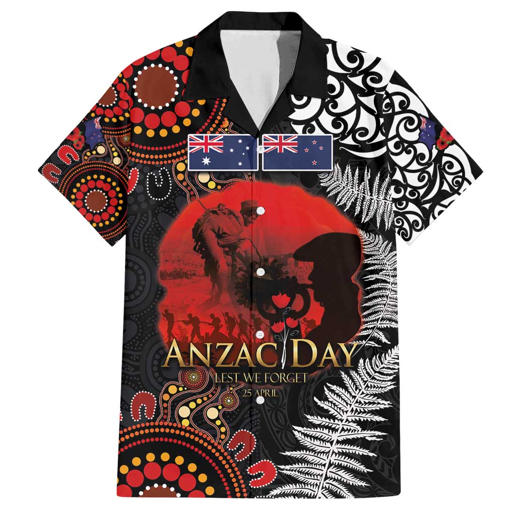 Australia and New Zealand ANZAC Day Family Matching Off Shoulder Short Dress and Hawaiian Shirt Aboriginal and Maori Art Pattern - Gallipoli Lest We Forget LT03 Dad's Shirt - Short Sleeve Black - Polynesian Pride