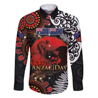Australia and New Zealand ANZAC Day Family Matching Off Shoulder Short Dress and Hawaiian Shirt Aboriginal and Maori Art Pattern - Gallipoli Lest We Forget LT03 Dad's Shirt - Long Sleeve Black - Polynesian Pride