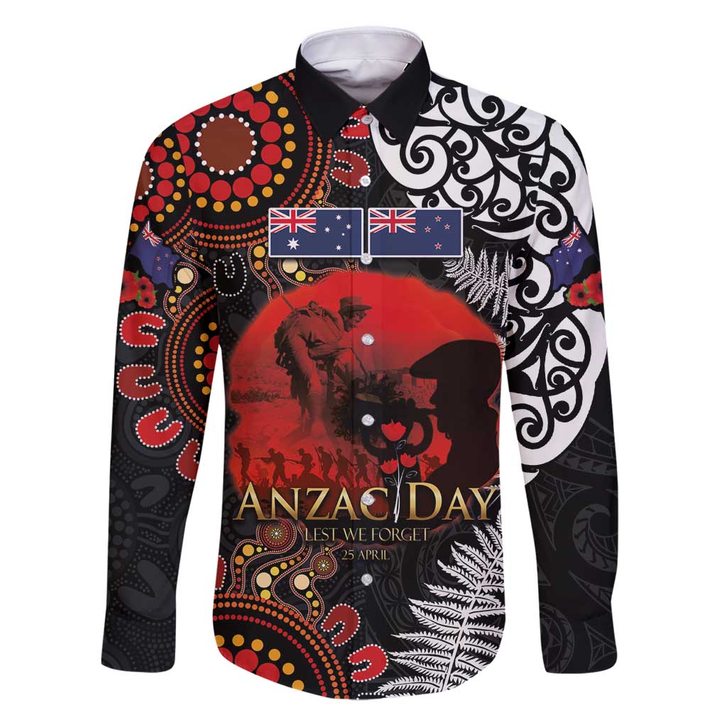 Australia and New Zealand ANZAC Day Family Matching Puletasi and Hawaiian Shirt Aboriginal and Maori Art Pattern - Gallipoli Lest We Forget LT03 Dad's Shirt - Long Sleeve Black - Polynesian Pride
