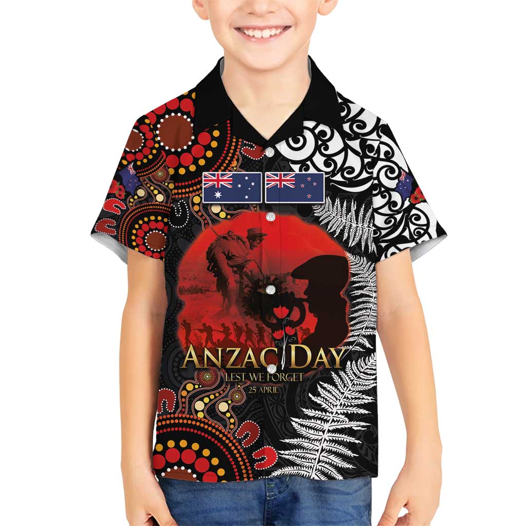 Australia and New Zealand ANZAC Day Family Matching Puletasi and Hawaiian Shirt Aboriginal and Maori Art Pattern - Gallipoli Lest We Forget LT03 Son's Shirt Black - Polynesian Pride