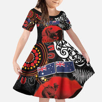 Australia and New Zealand ANZAC Day Family Matching Short Sleeve Bodycon Dress and Hawaiian Shirt Aboriginal and Maori Art Pattern - Gallipoli Lest We Forget LT03 Daughter's Dress Black - Polynesian Pride
