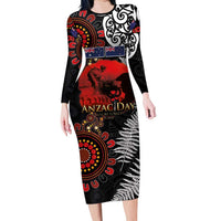 Australia and New Zealand ANZAC Day Long Sleeve Bodycon Dress Aboriginal and Maori Art Pattern - Gallipoli Lest We Forget LT03 Long Dress Black - Polynesian Pride