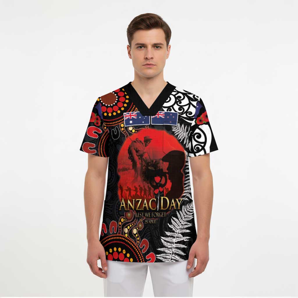 Australia and New Zealand ANZAC Day Scrub Top Aboriginal and Maori Art Pattern - Gallipoli Lest We Forget - Polynesian Pride