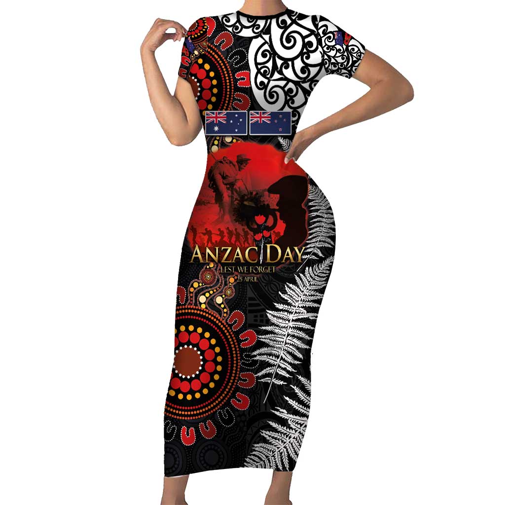 Australia and New Zealand ANZAC Day Short Sleeve Bodycon Dress Aboriginal and Maori Art Pattern - Gallipoli Lest We Forget LT03 Long Dress Black - Polynesian Pride