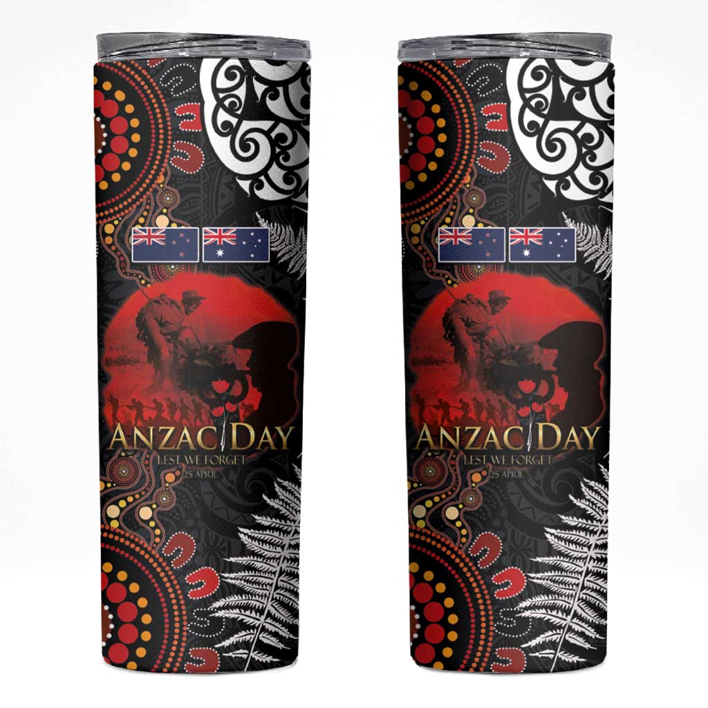 Australia and New Zealand ANZAC Day Skinny Tumbler Aboriginal and Maori Art Pattern Gallipoli Lest We Forget LT03 Black - Polynesian Pride