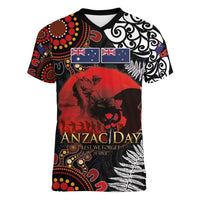 Australia and New Zealand ANZAC Day Women V-Neck T-Shirt Aboriginal and Maori Art Pattern - Gallipoli Lest We Forget LT03 Female Black - Polynesian Pride