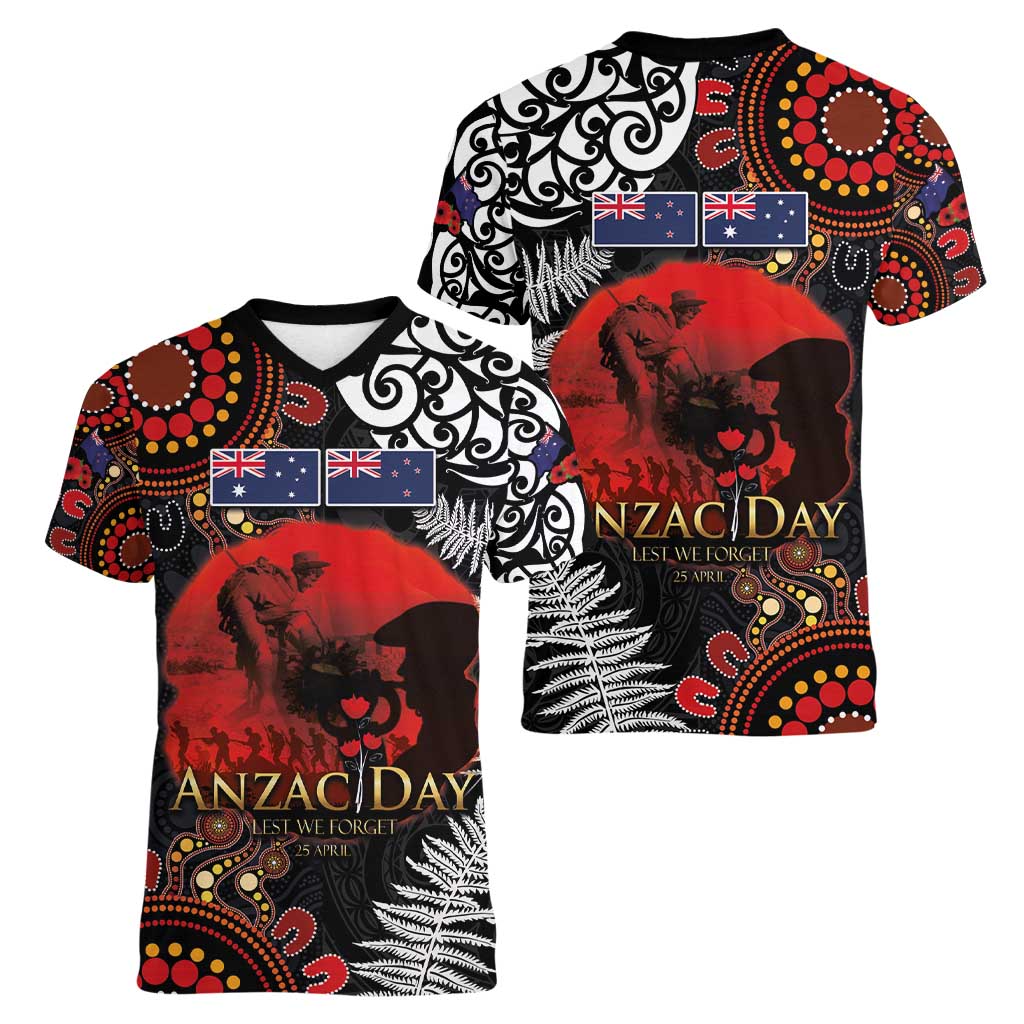 Australia and New Zealand ANZAC Day Women V-Neck T-Shirt Aboriginal and Maori Art Pattern - Gallipoli Lest We Forget LT03 - Polynesian Pride
