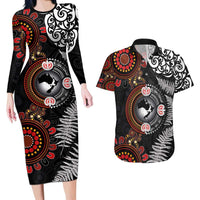 Australia and New Zealand Together Couples Matching Long Sleeve Bodycon Dress and Hawaiian Shirt Aboriginal and Maori Art Tattoo