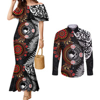 Australia and New Zealand Together Couples Matching Mermaid Dress and Long Sleeve Button Shirt Aboriginal and Maori Art Tattoo LT03 Black - Polynesian Pride