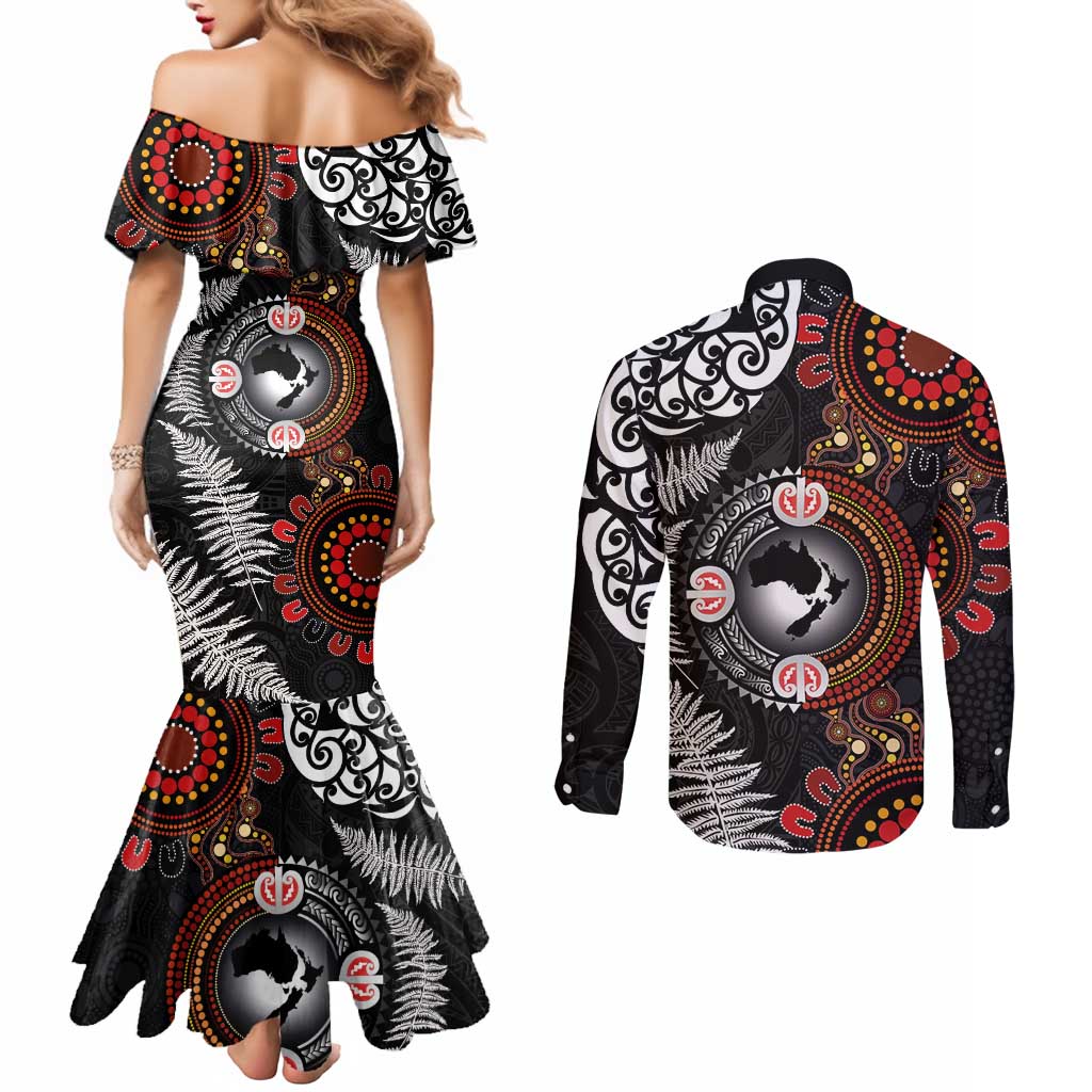 Australia and New Zealand Together Couples Matching Mermaid Dress and Long Sleeve Button Shirt Aboriginal and Maori Art Tattoo LT03 - Polynesian Pride