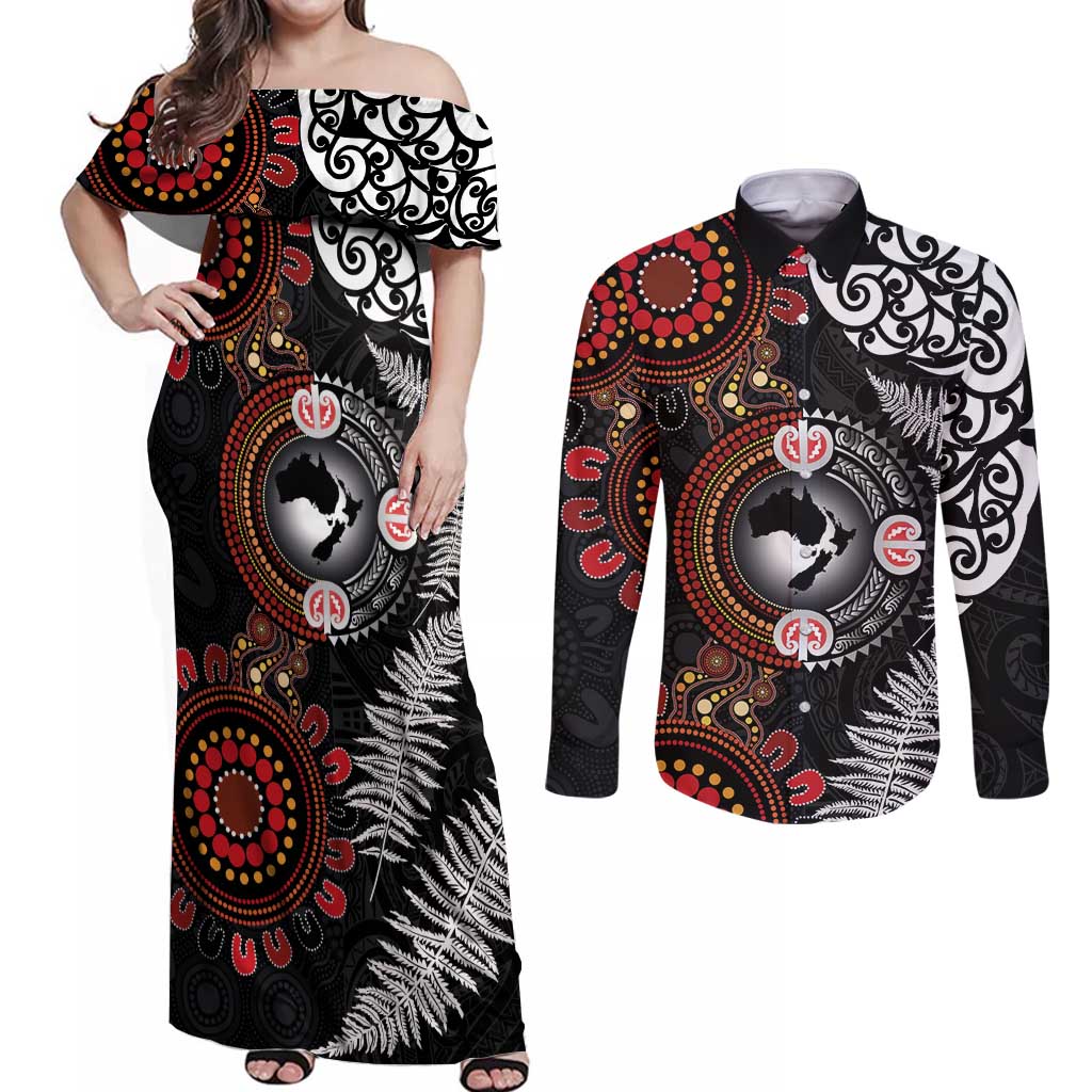 Australia and New Zealand Together Couples Matching Off Shoulder Maxi Dress and Long Sleeve Button Shirt Aboriginal and Maori Art Tattoo LT03 Black - Polynesian Pride