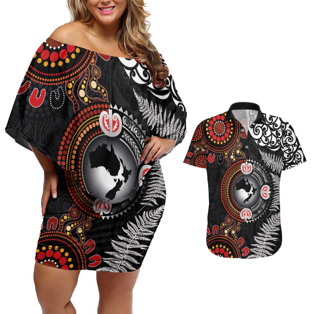 Australia and New Zealand Together Couples Matching Off Shoulder Short Dress and Hawaiian Shirt Aboriginal and Maori Art Tattoo