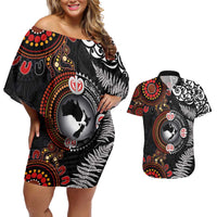 Australia and New Zealand Together Couples Matching Off Shoulder Short Dress and Hawaiian Shirt Aboriginal and Maori Art Tattoo