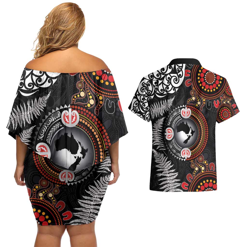 Australia and New Zealand Together Couples Matching Off Shoulder Short Dress and Hawaiian Shirt Aboriginal and Maori Art Tattoo