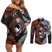 Australia and New Zealand Together Couples Matching Off Shoulder Short Dress and Long Sleeve Button Shirt Aboriginal and Maori Art Tattoo LT03 Black - Polynesian Pride