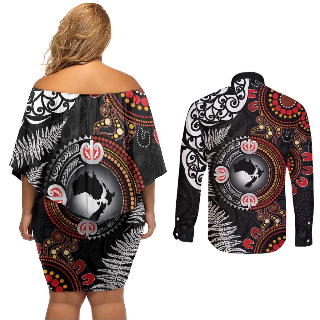 Australia and New Zealand Together Couples Matching Off Shoulder Short Dress and Long Sleeve Button Shirt Aboriginal and Maori Art Tattoo LT03 - Polynesian Pride