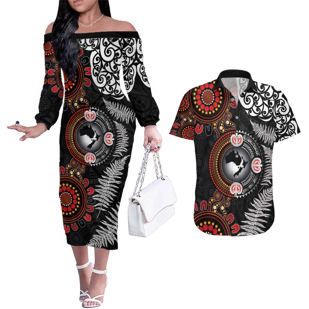 Australia and New Zealand Together Couples Matching Off The Shoulder Long Sleeve Dress and Hawaiian Shirt Aboriginal and Maori Art Tattoo