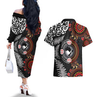 Australia and New Zealand Together Couples Matching Off The Shoulder Long Sleeve Dress and Hawaiian Shirt Aboriginal and Maori Art Tattoo