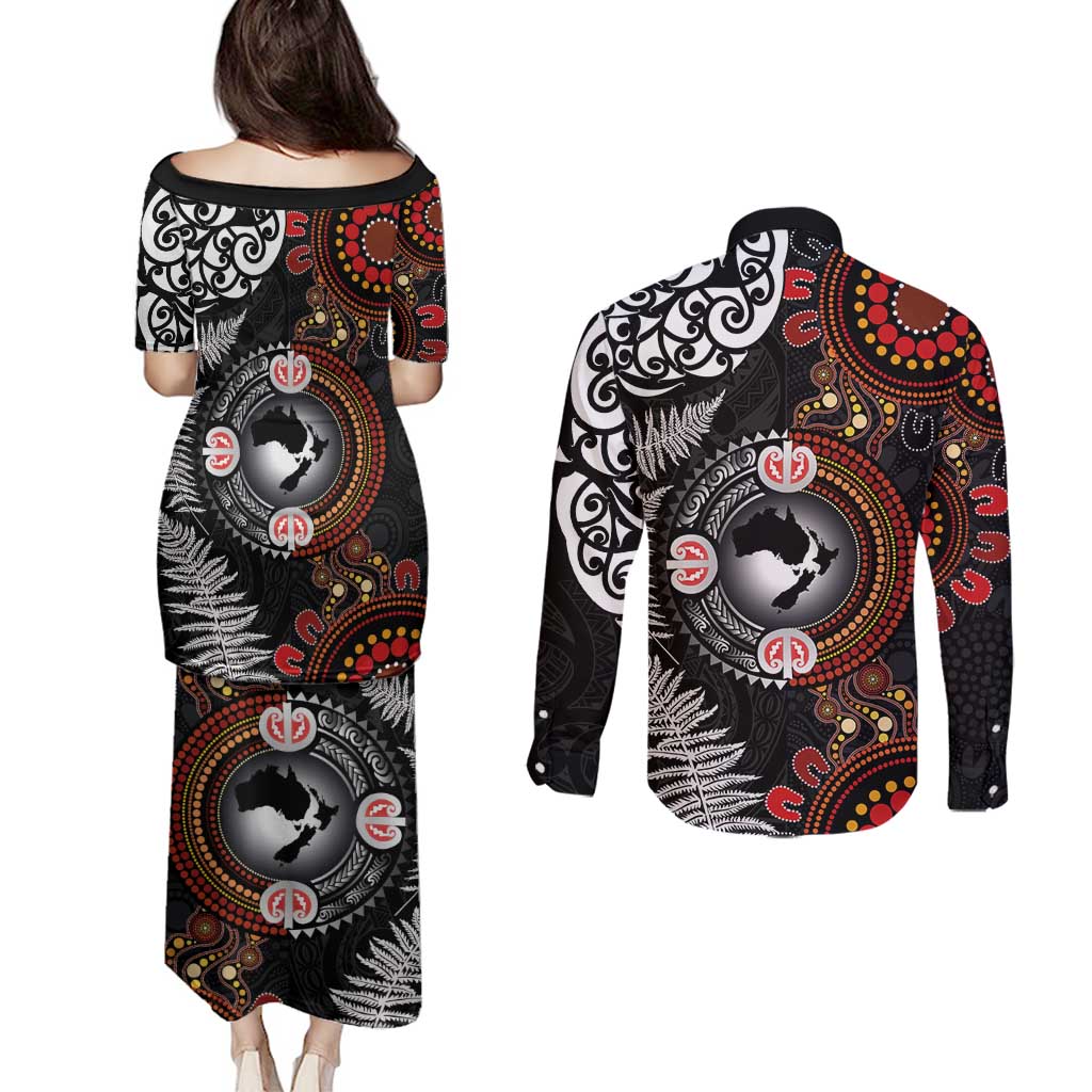Australia and New Zealand Together Couples Matching Puletasi and Long Sleeve Button Shirt Aboriginal and Maori Art Tattoo LT03 - Polynesian Pride