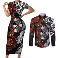 Australia and New Zealand Together Couples Matching Short Sleeve Bodycon Dress and Long Sleeve Button Shirt Aboriginal and Maori Art Tattoo LT03 Black - Polynesian Pride