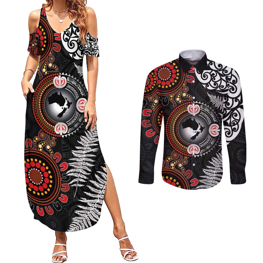 Australia and New Zealand Together Couples Matching Summer Maxi Dress and Long Sleeve Button Shirt Aboriginal and Maori Art Tattoo LT03 Black - Polynesian Pride
