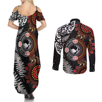 Australia and New Zealand Together Couples Matching Summer Maxi Dress and Long Sleeve Button Shirt Aboriginal and Maori Art Tattoo LT03 - Polynesian Pride