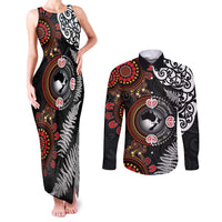 Australia and New Zealand Together Couples Matching Tank Maxi Dress and Long Sleeve Button Shirt Aboriginal and Maori Art Tattoo LT03 Black - Polynesian Pride