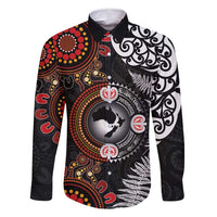 Australia and New Zealand Together Family Matching Long Sleeve Bodycon Dress and Hawaiian Shirt Aboriginal and Maori Art Tattoo LT03 Dad's Shirt - Long Sleeve Black - Polynesian Pride