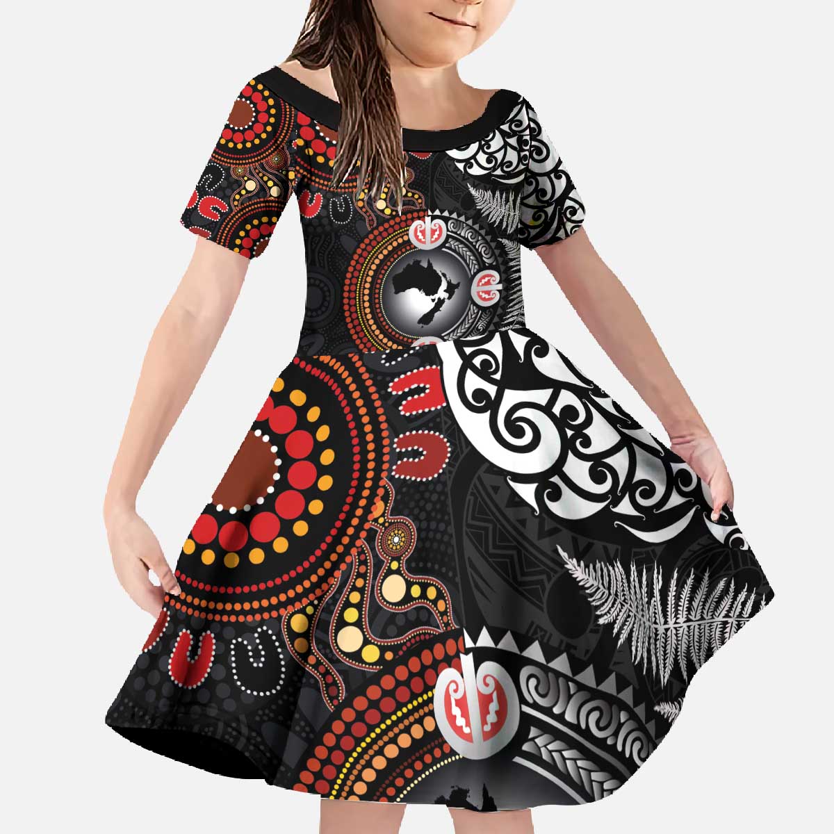 Australia and New Zealand Together Family Matching Off The Shoulder Long Sleeve Dress and Hawaiian Shirt Aboriginal and Maori Art Tattoo LT03 Daughter's Dress Black - Polynesian Pride