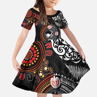 Australia and New Zealand Together Family Matching Short Sleeve Bodycon Dress and Hawaiian Shirt Aboriginal and Maori Art Tattoo LT03 Daughter's Dress Black - Polynesian Pride