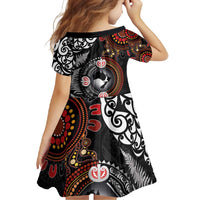 Australia and New Zealand Together Family Matching Short Sleeve Bodycon Dress and Hawaiian Shirt Aboriginal and Maori Art Tattoo LT03 - Polynesian Pride