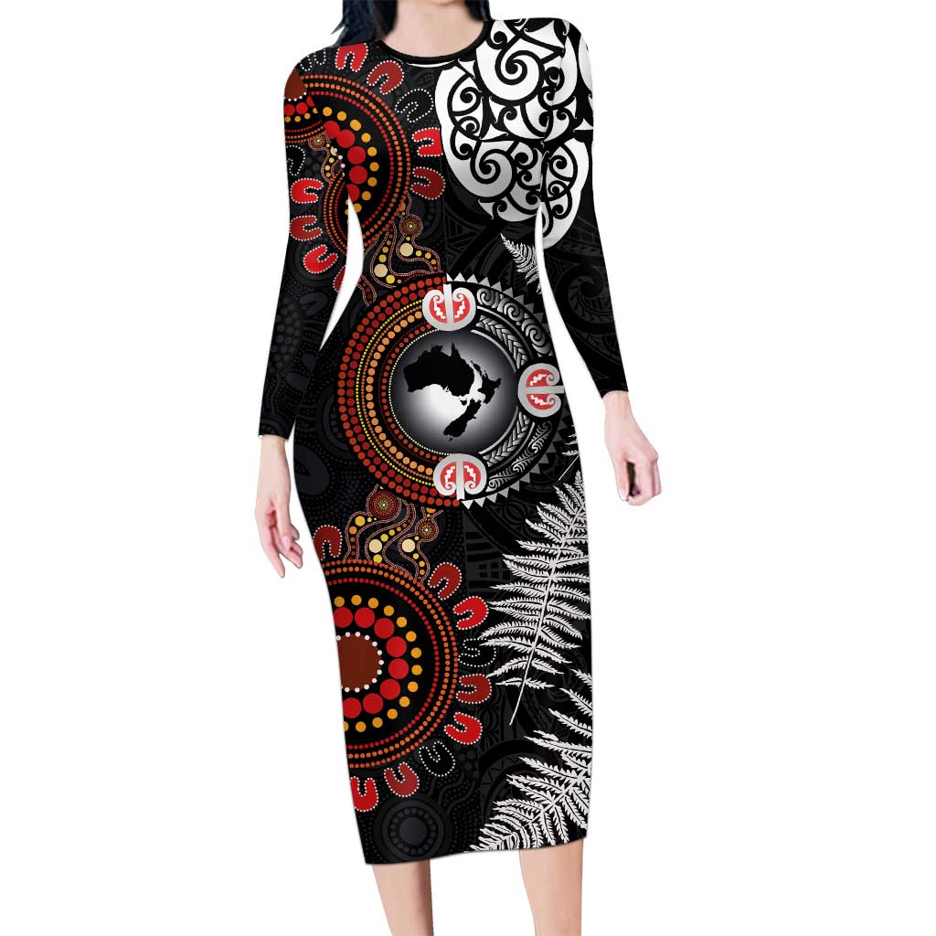 Australia and New Zealand Together Long Sleeve Bodycon Dress Aboriginal and Maori Art Tattoo
