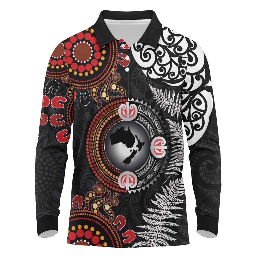Australia and New Zealand Together Long Sleeve Polo Shirt Aboriginal and Maori Art Tattoo LT03 Black - Polynesian Pride