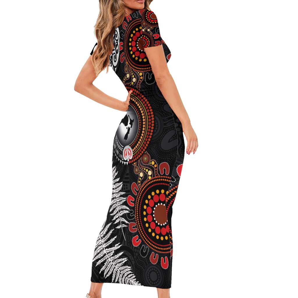 Australia and New Zealand Together Short Sleeve Bodycon Dress Aboriginal and Maori Art Tattoo LT03 - Polynesian Pride
