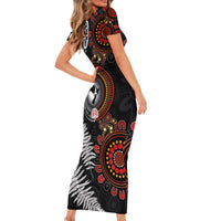 Australia and New Zealand Together Short Sleeve Bodycon Dress Aboriginal and Maori Art Tattoo LT03 - Polynesian Pride