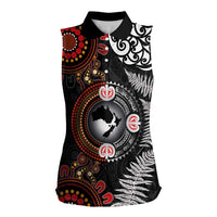 Australia and New Zealand Together Women Sleeveless Polo Shirt Aboriginal and Maori Art Tattoo LT03 Female Black - Polynesian Pride