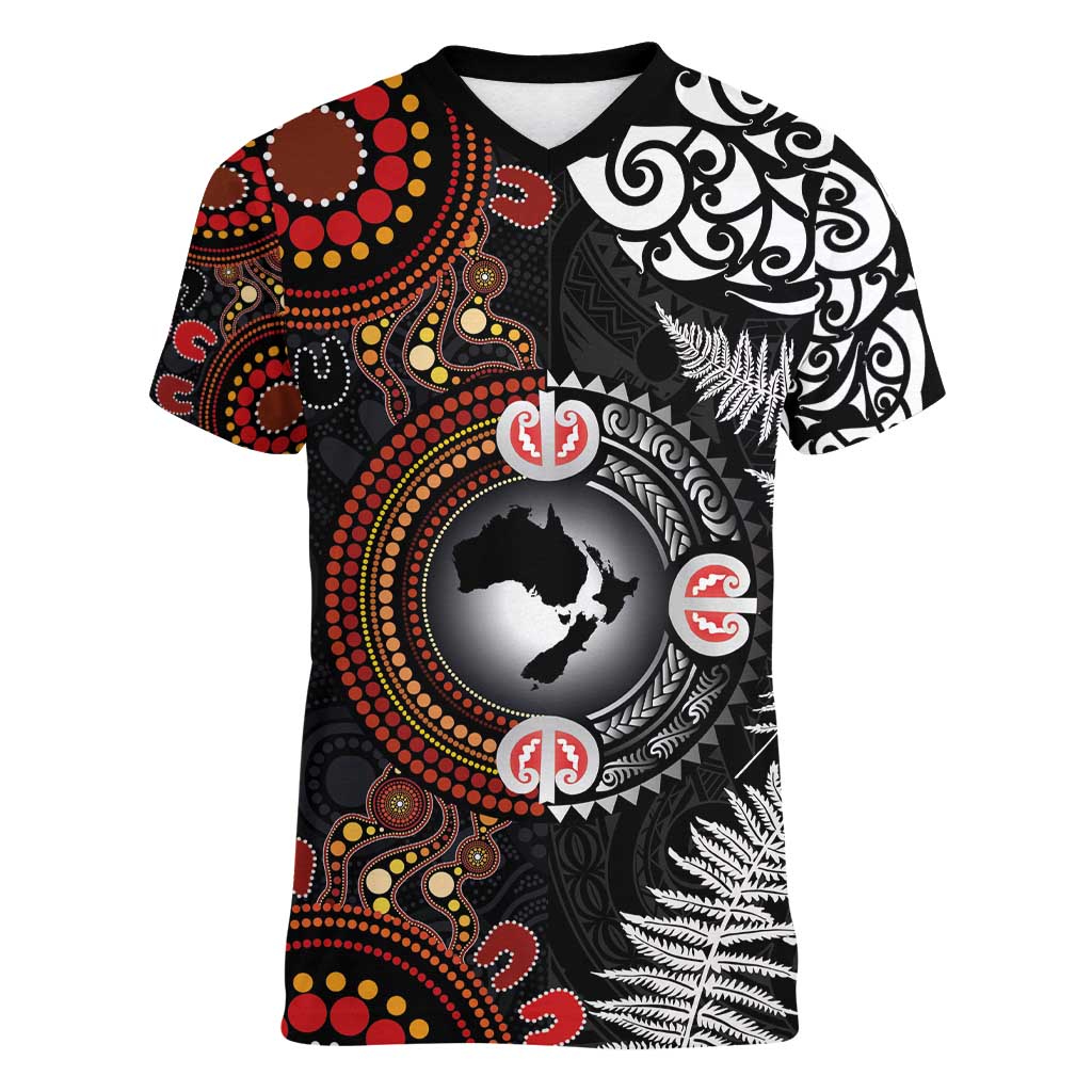 Australia and New Zealand Together Women V-Neck T-Shirt Aboriginal and Maori Art Tattoo LT03 Female Black - Polynesian Pride