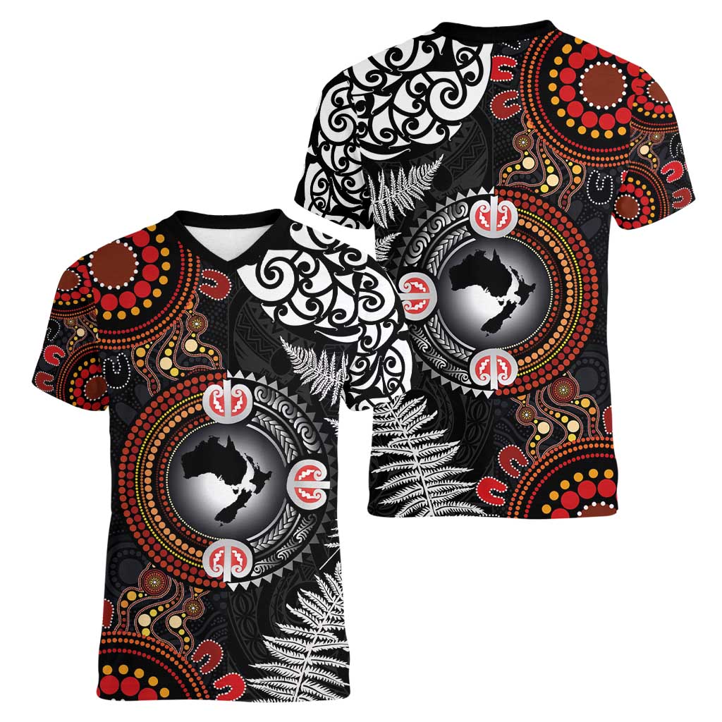Australia and New Zealand Together Women V-Neck T-Shirt Aboriginal and Maori Art Tattoo LT03 - Polynesian Pride
