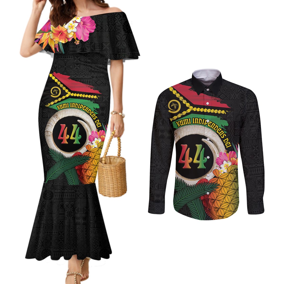 Vanuatu Selebretem 44th Indipendens Dei Couples Matching Mermaid Dress and Long Sleeve Button Shirt Sand Drawing Turtle Melanesian Vibes