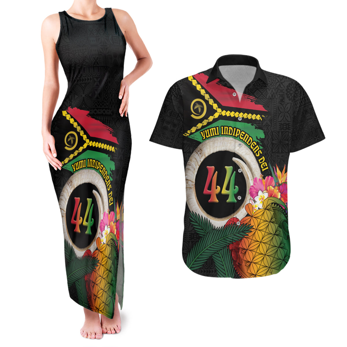 Vanuatu Selebretem 44th Indipendens Dei Couples Matching Tank Maxi Dress and Hawaiian Shirt Sand Drawing Turtle Melanesian Vibes