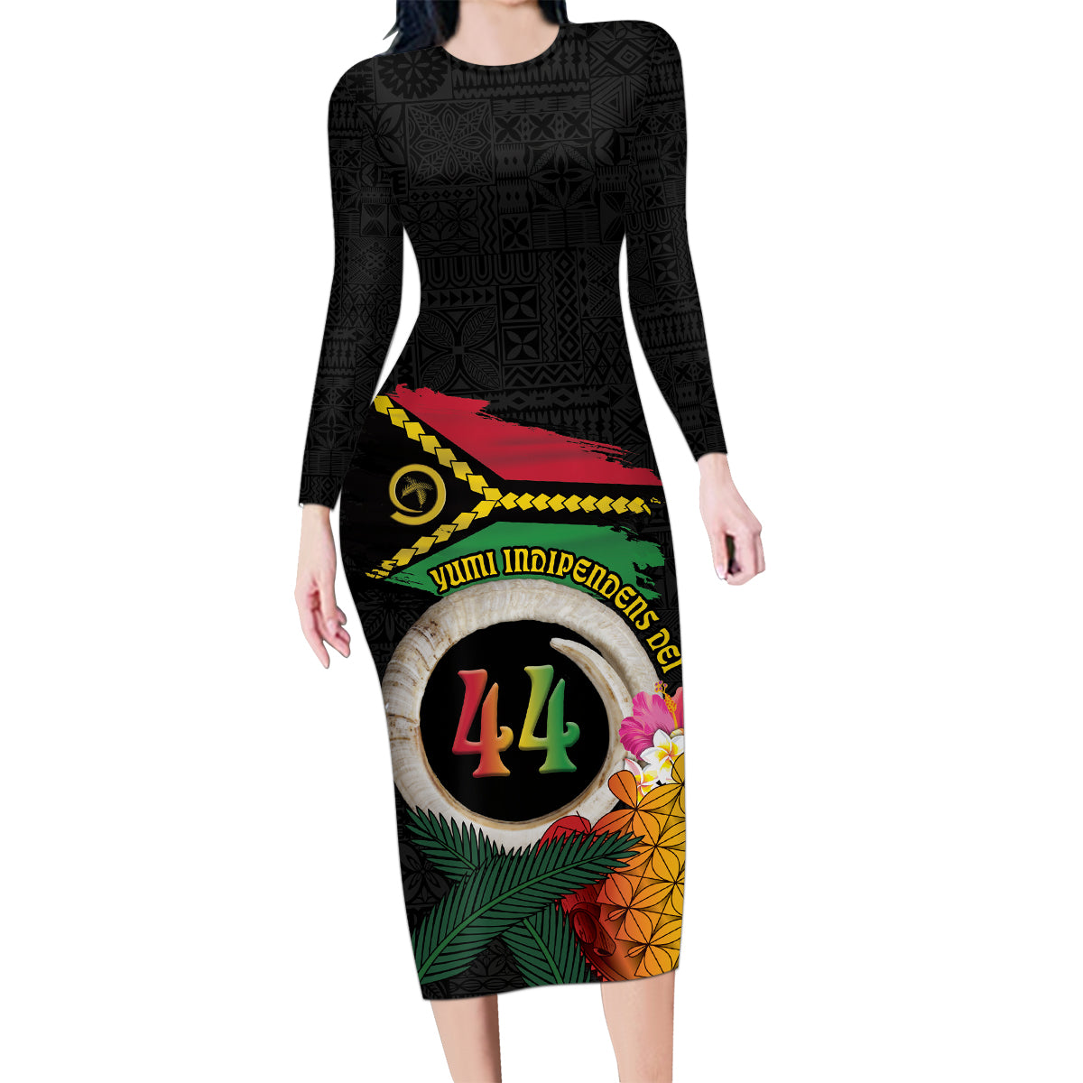 Vanuatu Selebretem 44th Indipendens Dei Family Matching Long Sleeve Bodycon Dress and Hawaiian Shirt Sand Drawing Turtle Melanesian Vibes LT03 Mom's Dress Black - Polynesian Pride